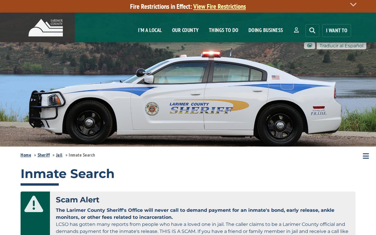Larimer County inmate search tabs and custody record fields