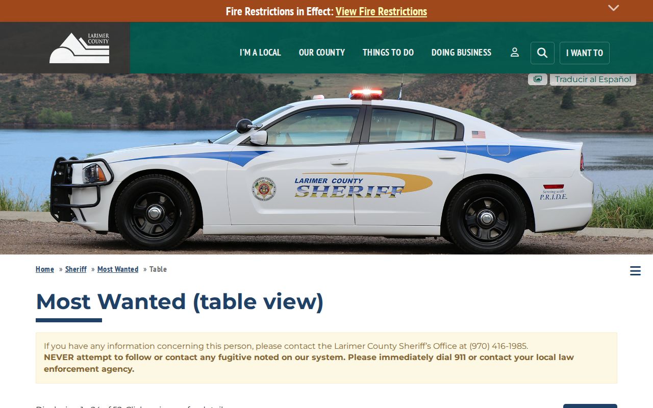 Larimer County Most Wanted table-view controls with identifying entries omitted