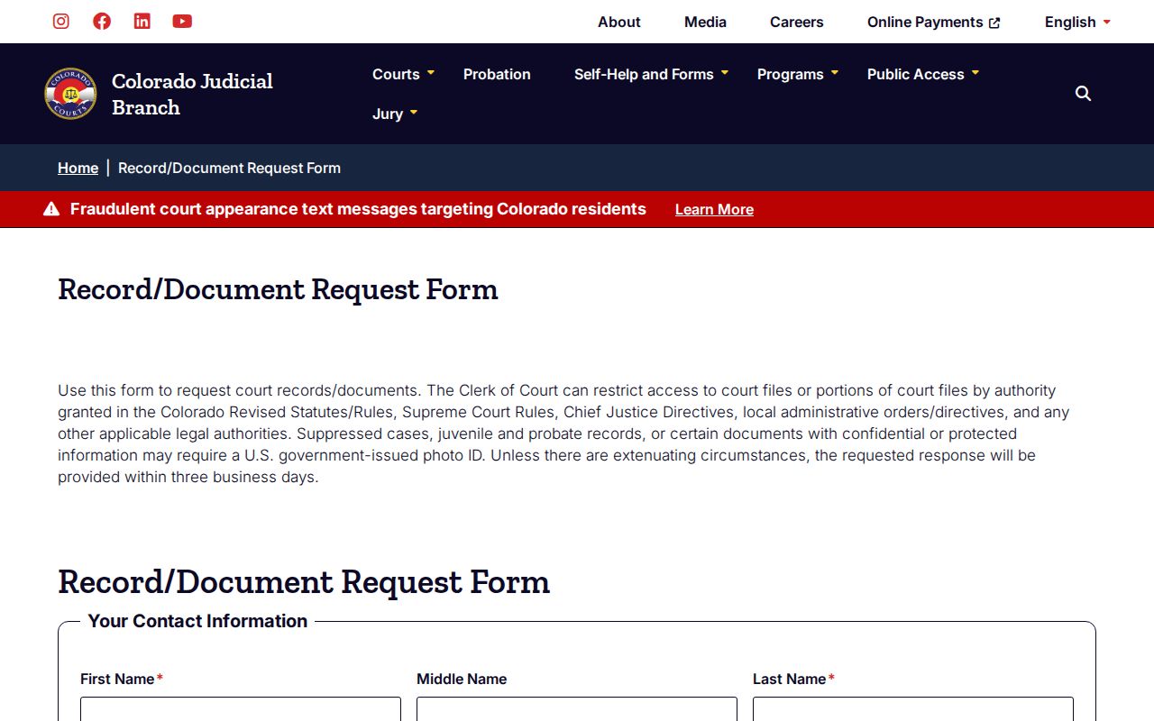Colorado Judicial online court record request form for Larimer County documents