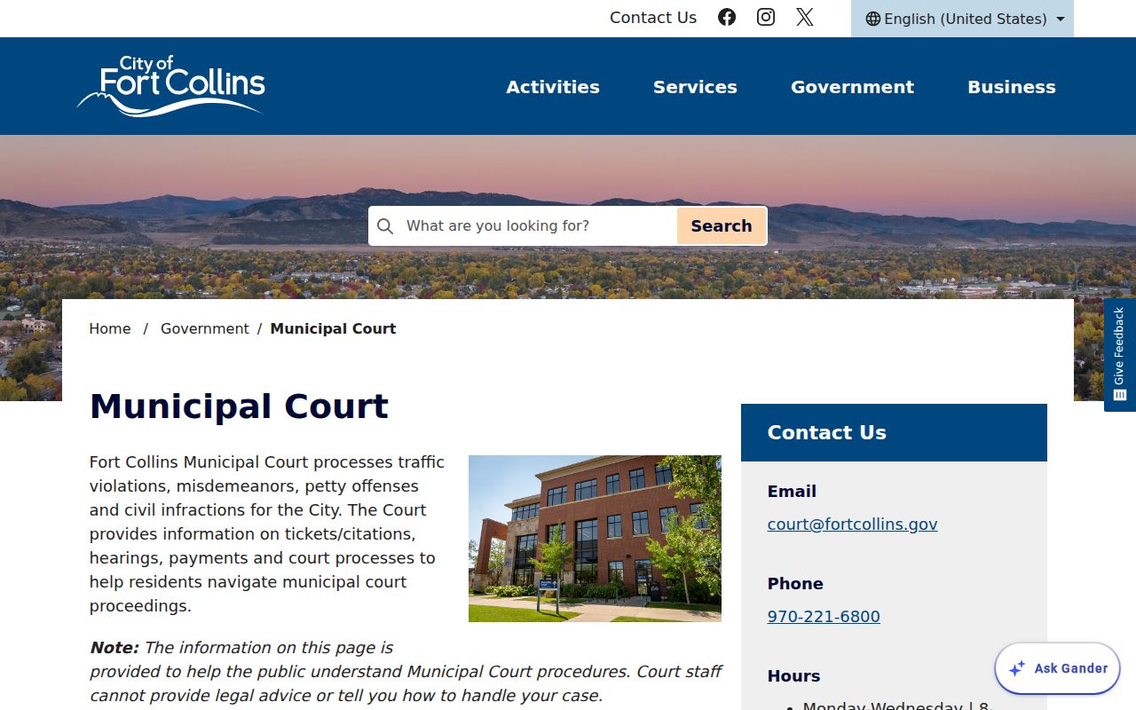 Fort Collins warrant records Municipal Court public entrance page
