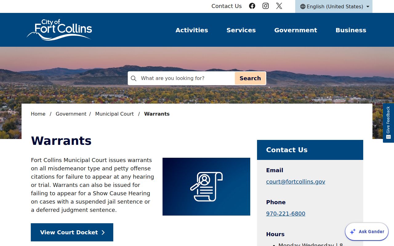 Fort Collins warrant docket instructions from Municipal Court