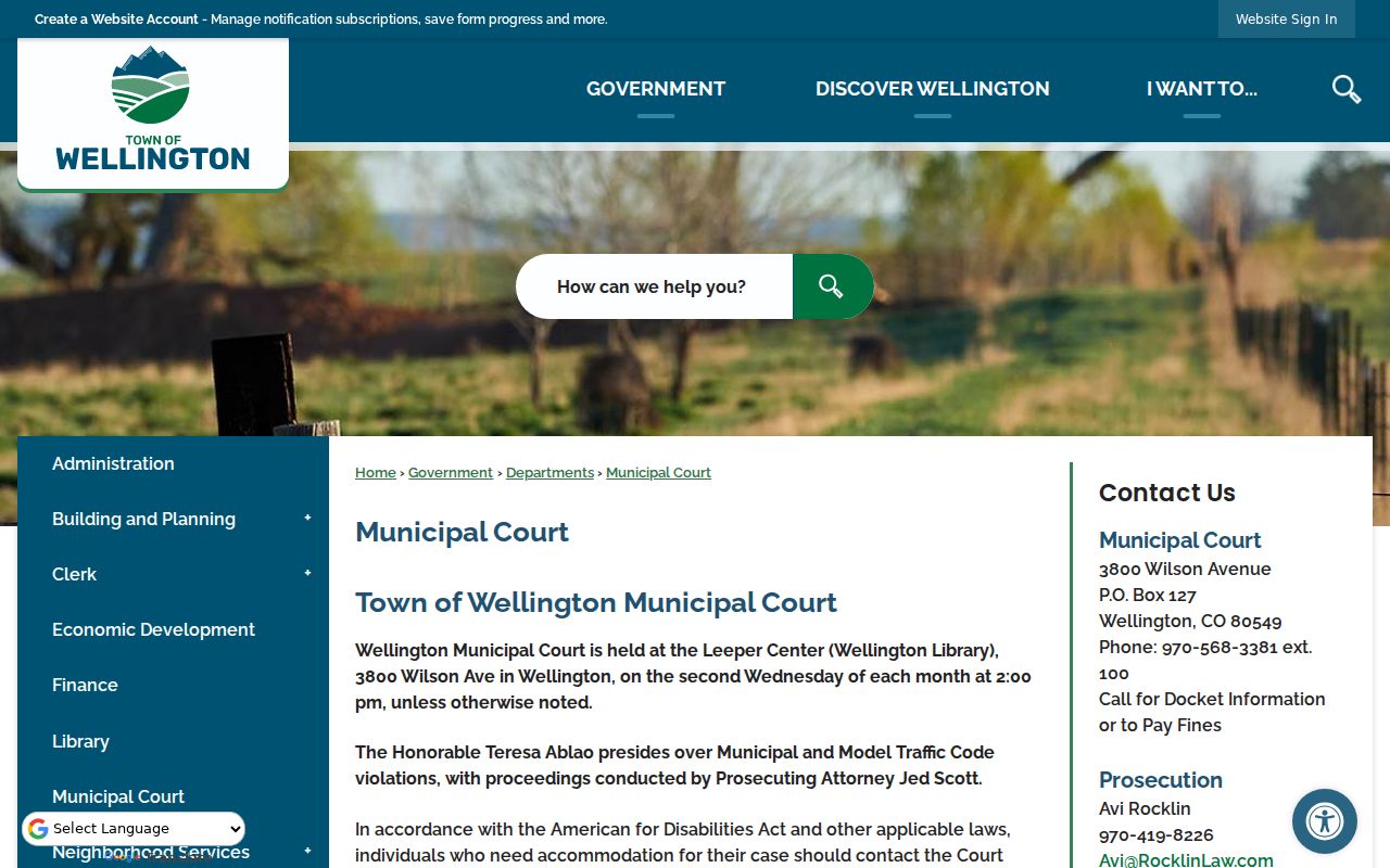 Wellington warrant records and monthly Municipal Court schedule