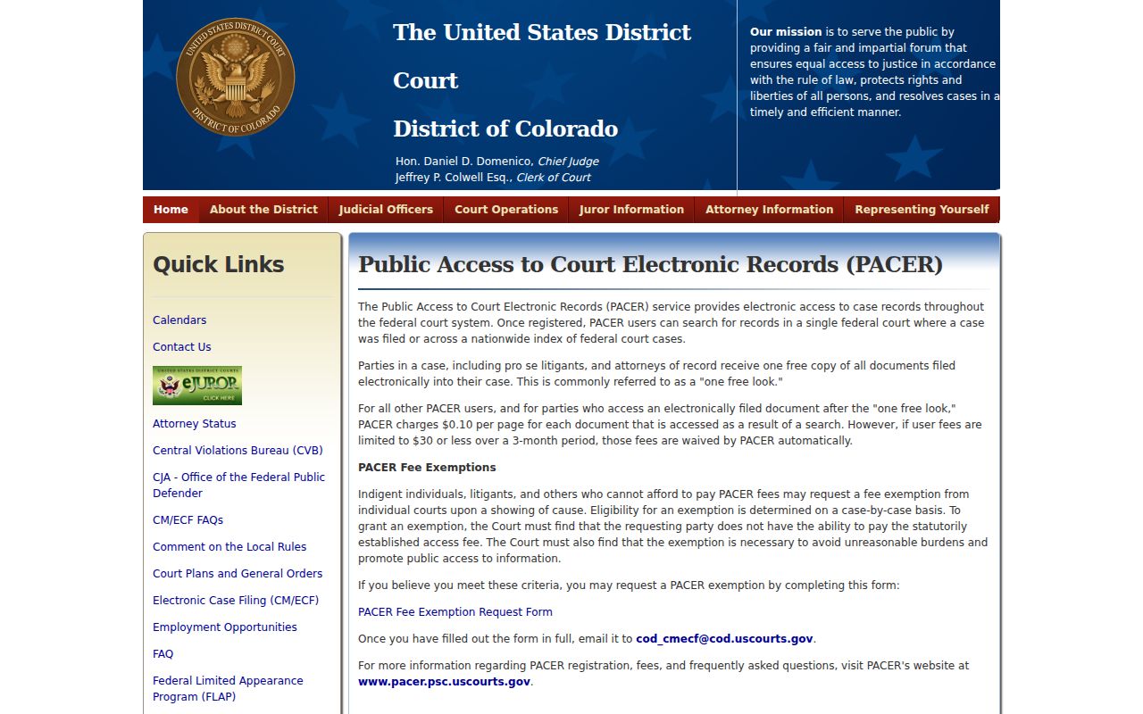 United States District Court for Colorado PACER access information