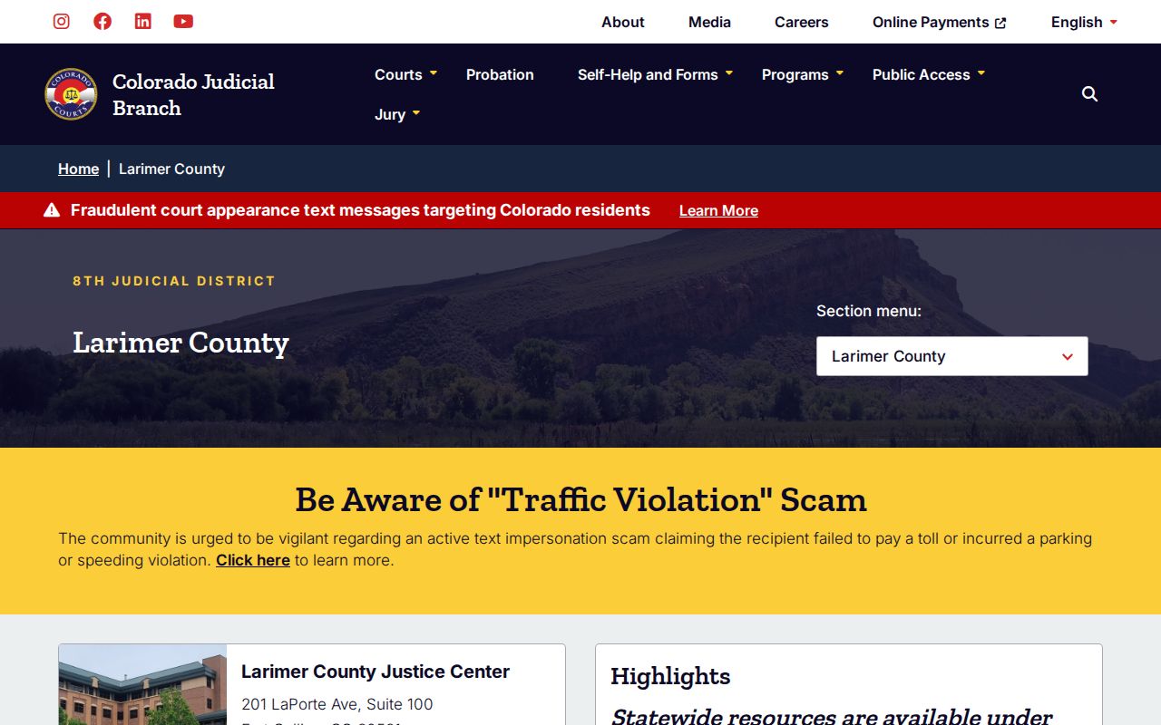 Larimer County warrant records Justice Center access page